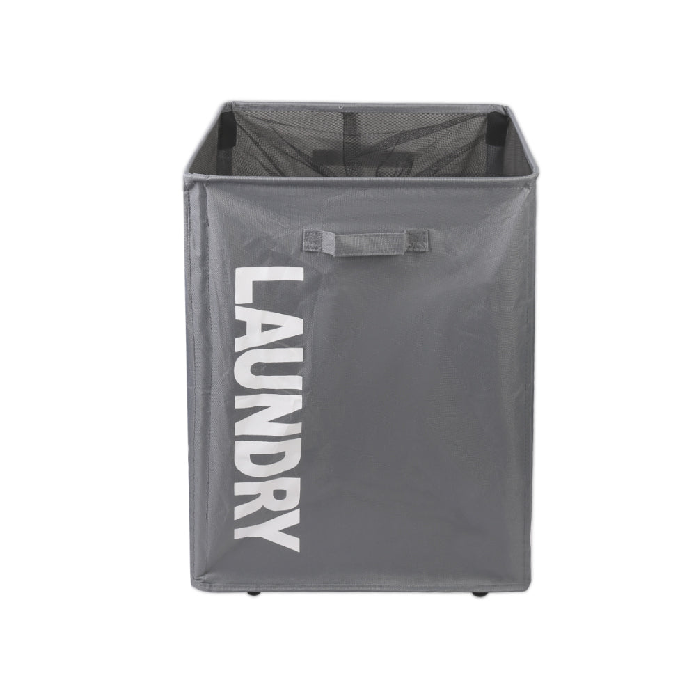 Grey collapsible laundry basket on wheels
